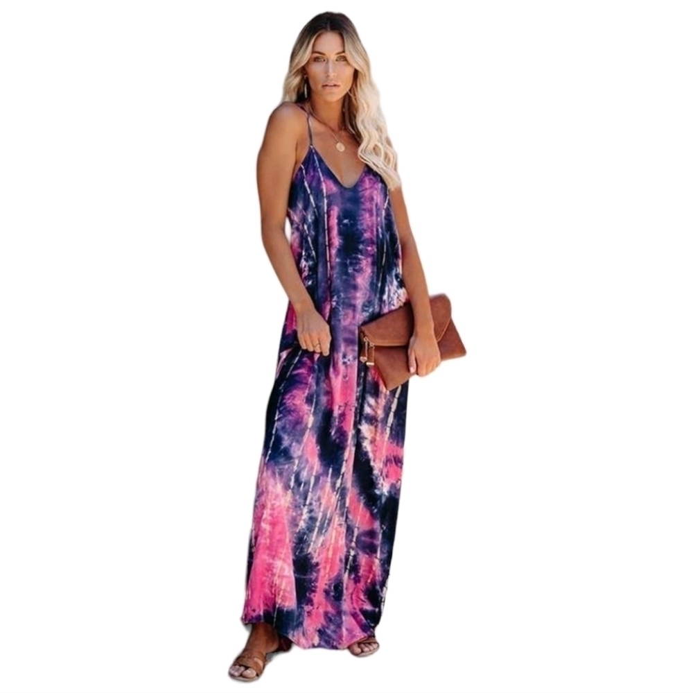 Poetsky Tie Dye Strappy Maxi Dress w Pockets V Neck Pink Purple Beach Sundress L